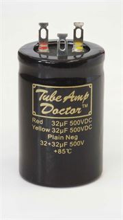 Picture of 32+32uF 500V electrolytic capacitor, radial 35x50mm